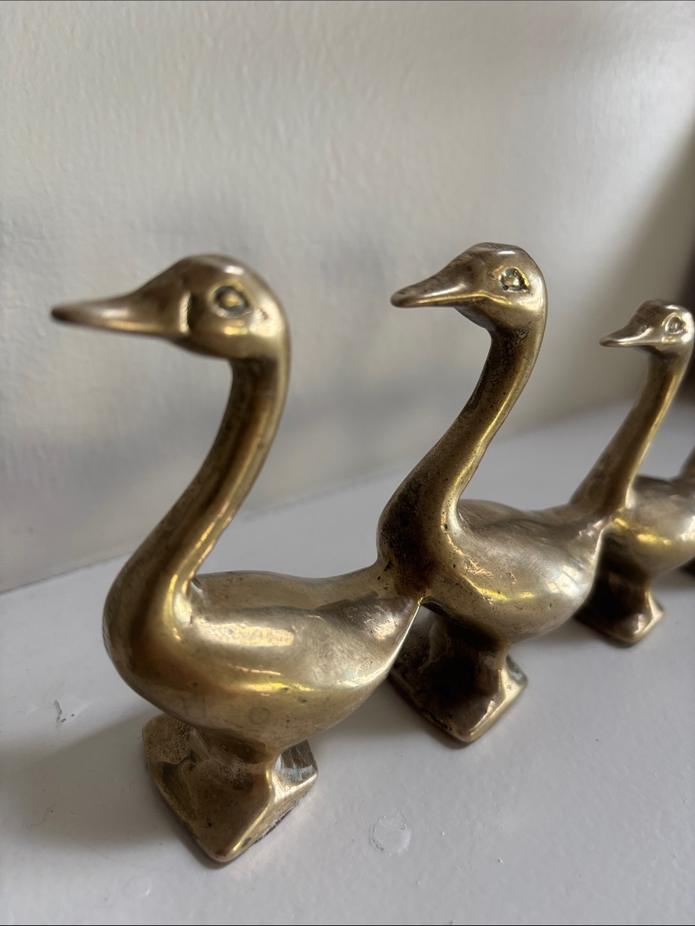 Vintage Solid Brass Ducks in a Row Four Goose Flock MCM Paperweight Cottage-core - Picture 9 of 10
